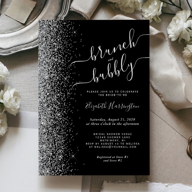 Invitation Brunch & Bubbly Black Silver Parties scintillant F (Créateur téléchargé)