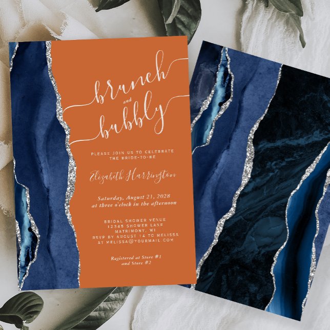 Invitation Brunch & Bubbly Bleu Argent Agate Orange Brûlé (Créateur téléchargé)