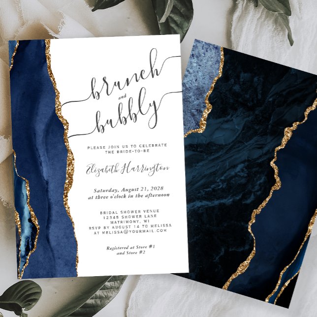 Invitation Brunch & Bubbly Bleu Marine Agate Mariage (Créateur téléchargé)