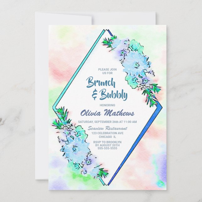 Invitation Brunch & Bubbly Blue Watercolor Floral (Devant)
