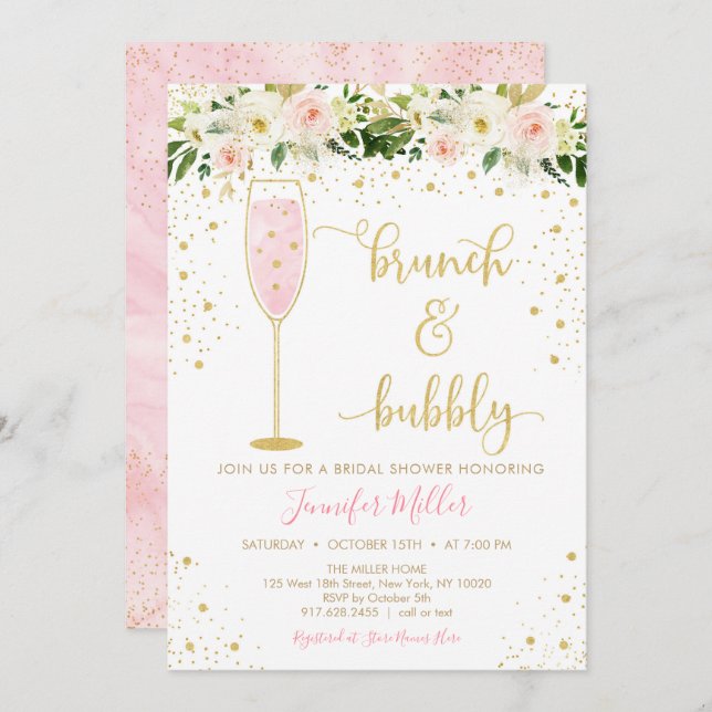 Invitation Brunch & Bubbly Blush & Gold Fête des mariées Flor (Devant / Derrière)