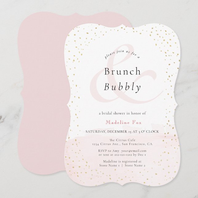 Invitation Brunch & Bubbly Blush Pink x Gold Fête des mariées (Devant / Derrière)