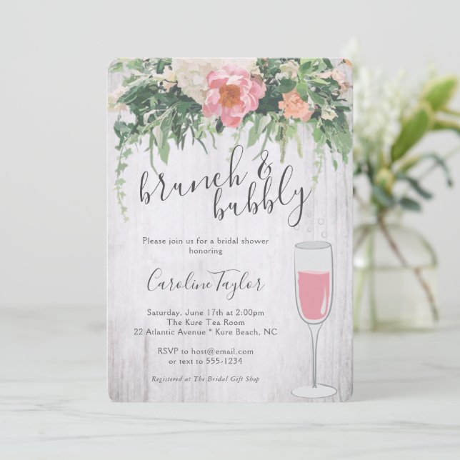 Invitation Brunch Bubbly Blush Rose Floral Vin Fête des marié