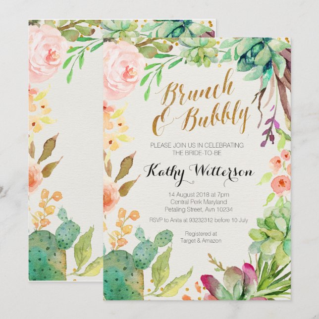 Invitation Brunch & Bubbly Cactus succulents (Devant / Derrière)