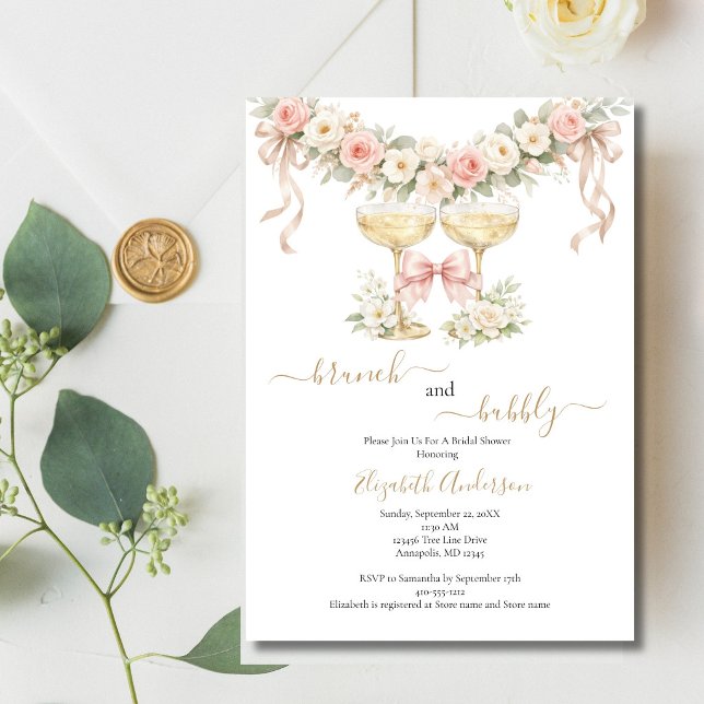 Invitation Brunch Bubbly Champagne Glass Pink Bridal Shower (Brunch Bubbly Pink Florals Champagne Glasses Bridal Shower Couples Shower Invitation. )