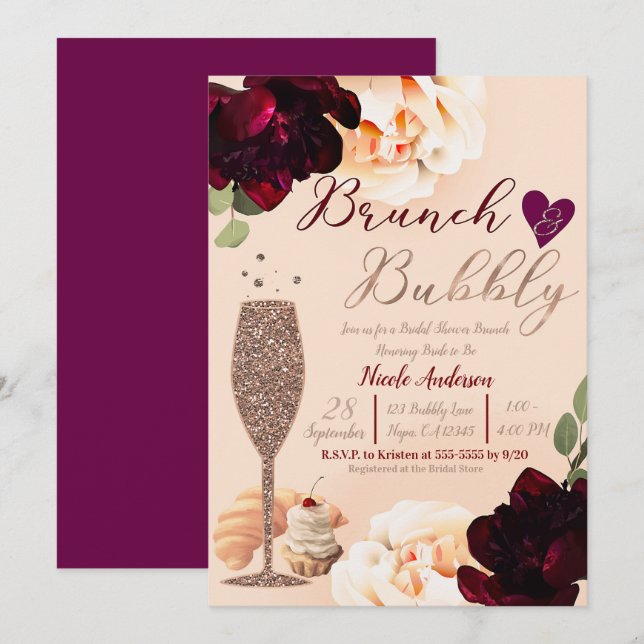 Invitation Brunch & Bubbly Champagne Peach Gold Réception de  (Devant / Derrière)
