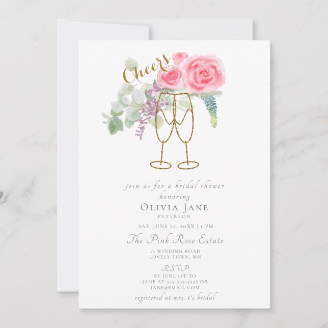 Invitation Brunch Bubbly Chevaucher Roses d'or rose Fête des  (Devant)