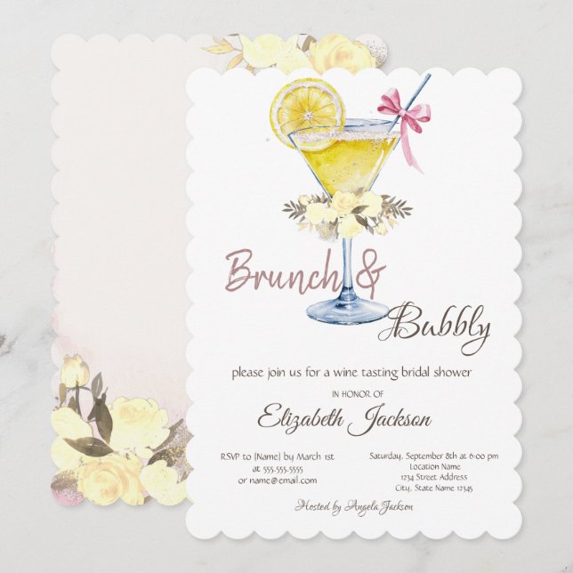Invitation Brunch & Bubbly Cocktail Roses de citron (Devant / Derrière)