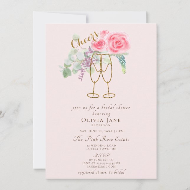 Invitation Brunch Bubbly Dusty Roses d'or rose Fête des marié (Devant)