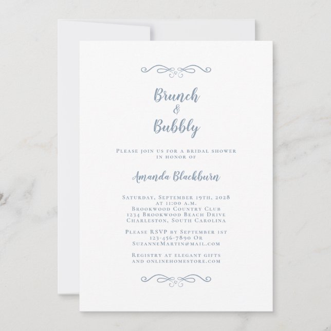 Invitation Brunch & Bubbly Elegant Dusty Blue Fête des mariée (Devant)