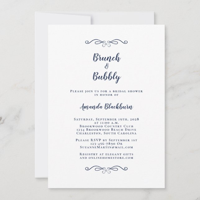 Invitation Brunch & Bubbly Elegant Navy Fête des mariées bleu (Devant)