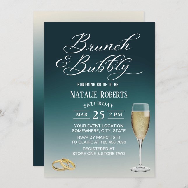 Invitation Brunch & Bubbly Elegant Turquoise Ombre Fête des m (Devant / Derrière)