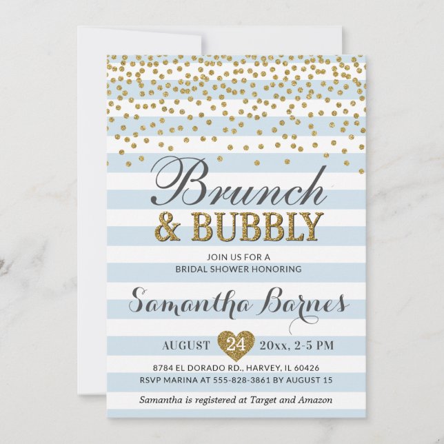 Invitation Brunch Bubbly Fête des mariées Bleu Bleu Or Chic (Devant)