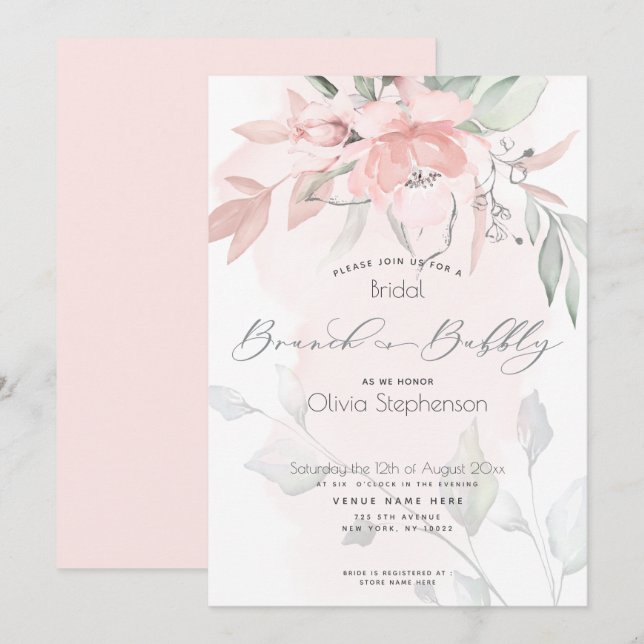 Invitation Brunch Bubbly Fête des mariées Blush Wild Rose Inv (Devant / Derrière)