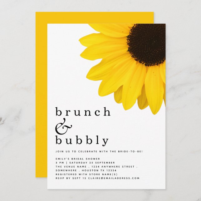 Invitation Brunch Bubbly Fête des mariées de tournesol jaune (Devant / Derrière)