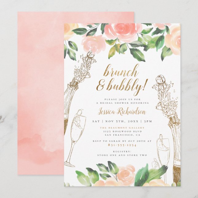 Invitation Brunch & Bubbly | Fête des mariées Florale Champag (Devant / Derrière)