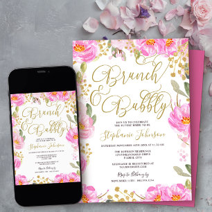 Invitation Brunch & Bubbly Fête des mariées florale rose et o