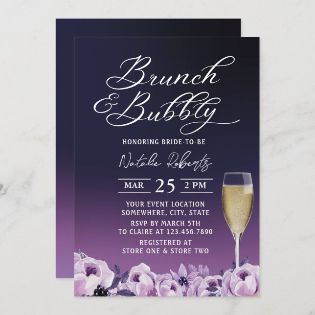 Invitation Brunch Bubbly Fête des mariées florale violette pr (Devant / Derrière)