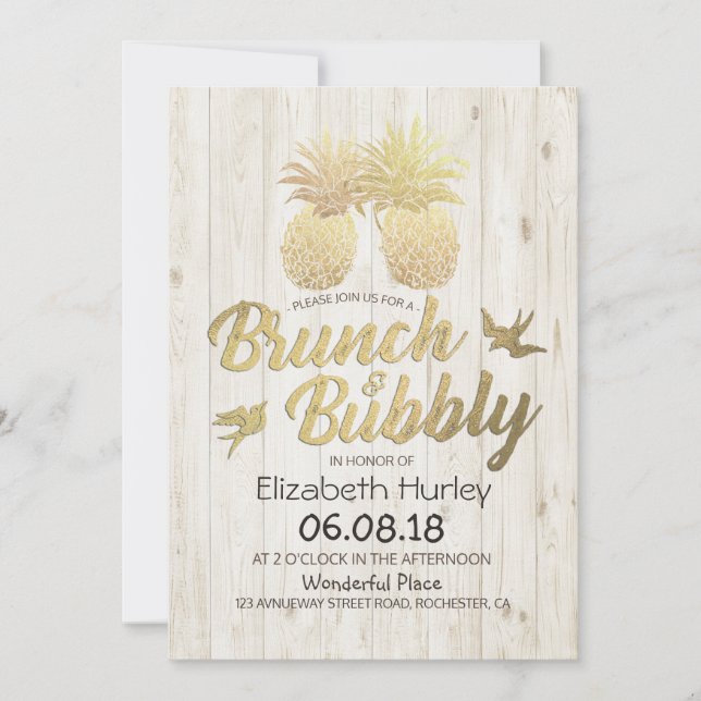 Invitation Brunch & Bubbly Fête des mariées Gold Ananas Bois (Devant)