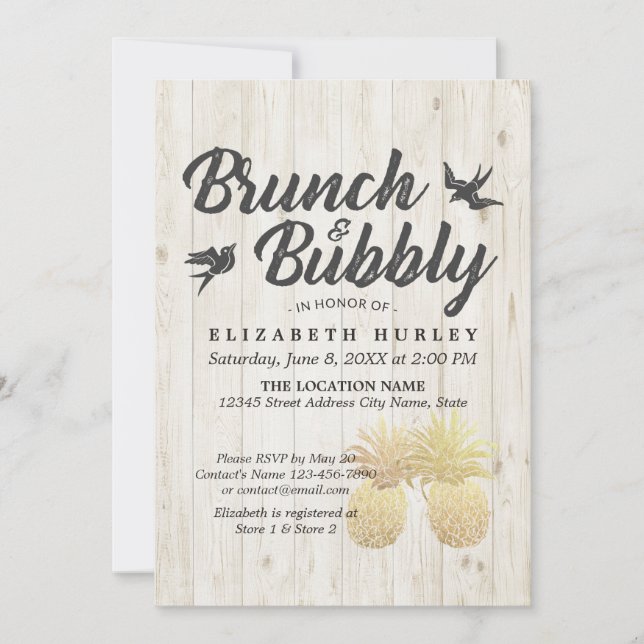 Invitation Brunch & Bubbly Fête des mariées Gold Ananas Bois (Devant)