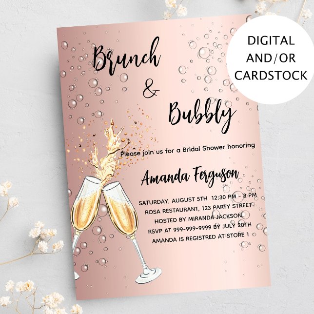Invitation Brunch Bubbly Fête des mariées rose bulles d'or (Créateur téléchargé)