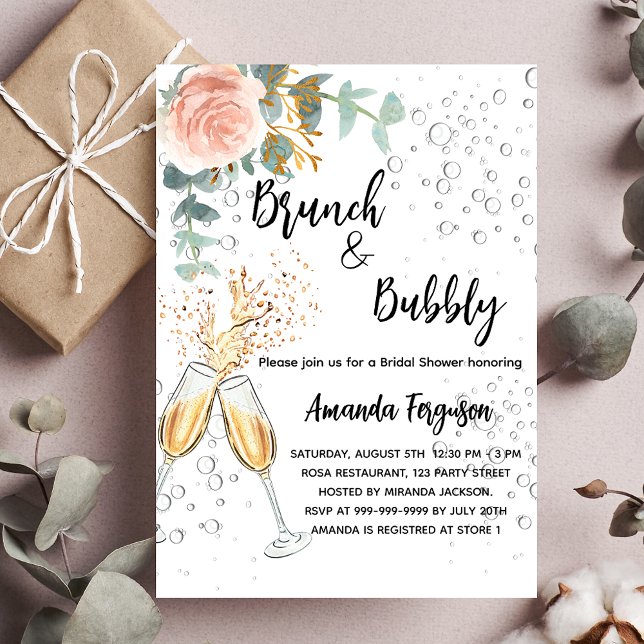 Invitation Brunch Bubbly Fête des mariées rose luxe floral (Créateur téléchargé)