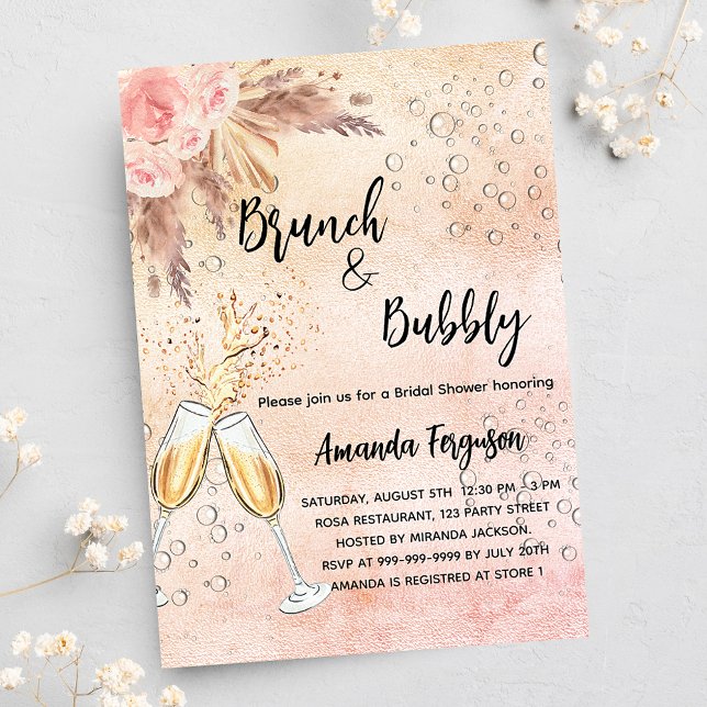 Invitation Brunch Bubbly Fête des mariées rose pampas luxe (Créateur téléchargé)