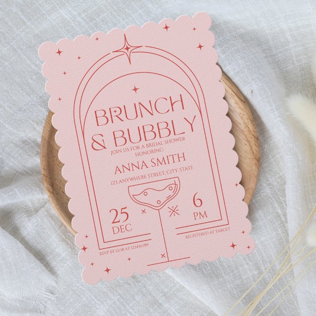 Invitation Brunch & Bubbly Fête des mariées rouge rose rétro (Brunch & Bubbly, Retro Pink and Red Wavy Bridal Shower Invitation)