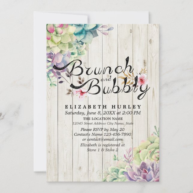 Invitation Brunch Bubbly Fête des mariées Succulent Bois rust (Devant)