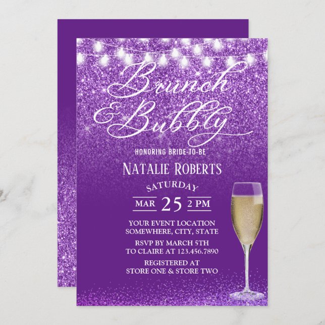 Invitation Brunch & Bubbly Fête des mariées violette moderne (Devant / Derrière)
