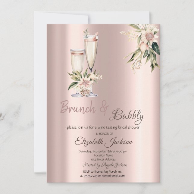 Invitation Brunch & Bubbly Fleurs Roses Gouttes à Gouttes Réc (Devant)