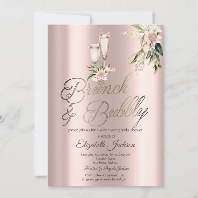 Invitation Brunch & Bubbly Fleurs Roses Vin Réception de Mari (Devant)