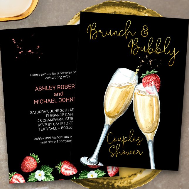 Invitation Brunch Bubbly fraise Champagne Couples Douche (Brunch & Bubbly Champagne and Strawberries Couples Shower Invitation)