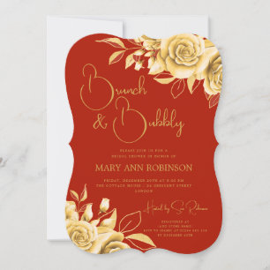 Invitation BRUNCH & BUBBLY Gold Fête des mariées Florale Roug