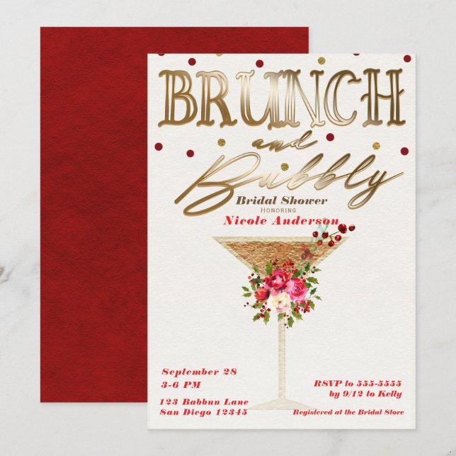 Invitation Brunch & Bubbly Gold Red Holiday Fête des mariées (Devant / Derrière)