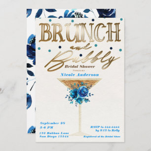 Invitation Brunch Bubbly Gold Turquoise Blue Floral Fête des
