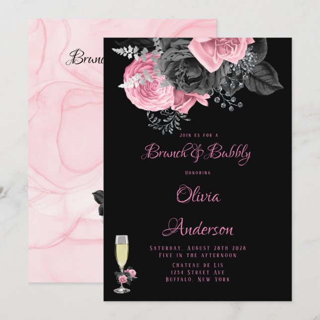 Invitation Brunch & Bubbly I à encres florales rose de luxe (Devant / Derrière)