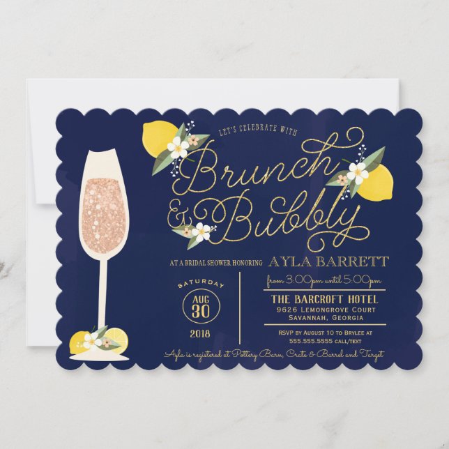 Invitation Brunch & Bubbly Lemon Gold Fête des mariées bleue (Devant)