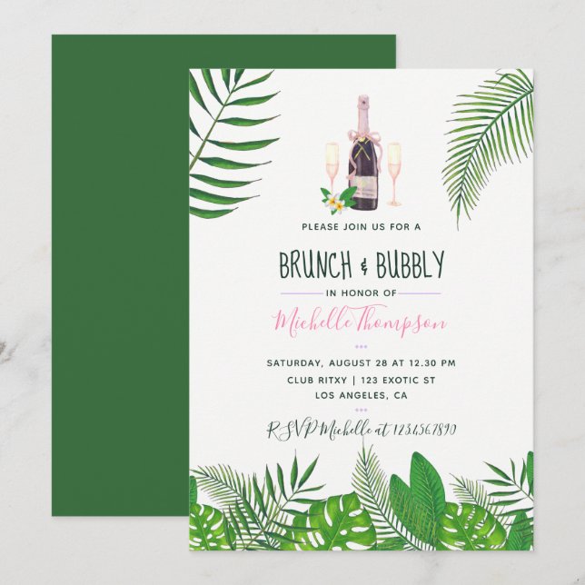 Invitation Brunch & Bubbly Mariage Tropical Aquarelle (Devant / Derrière)