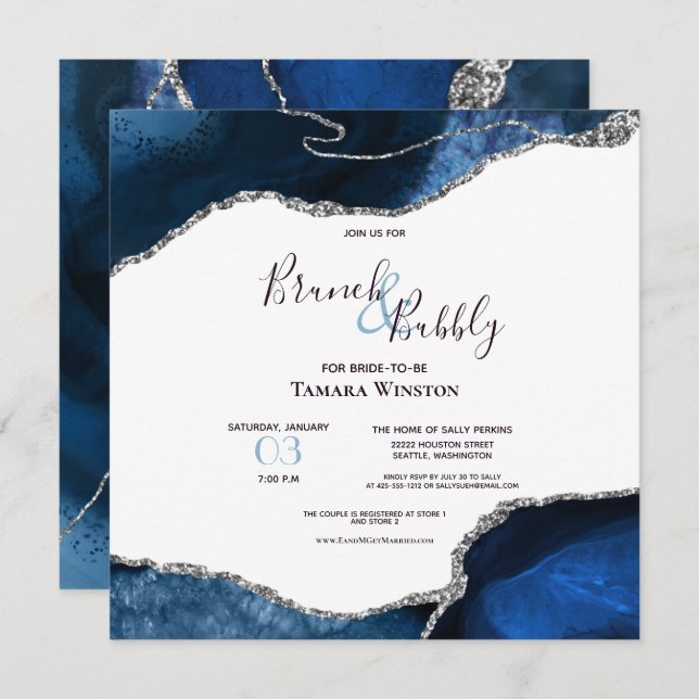 Invitation Brunch Bubbly Marine Argent Parties scintillant Ag (Devant / Derrière)