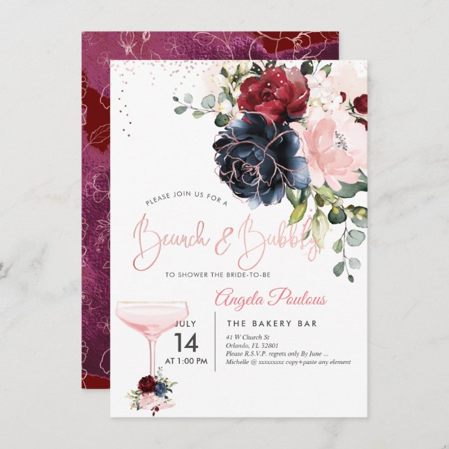Invitation Brunch Bubbly Navy Bourgogne Blush H2 fleurs (Devant / Derrière)