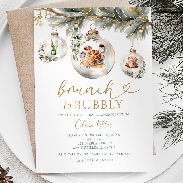 Invitation Brunch & Bubbly Noël Baubles Fête des mariées (Créateur téléchargé)