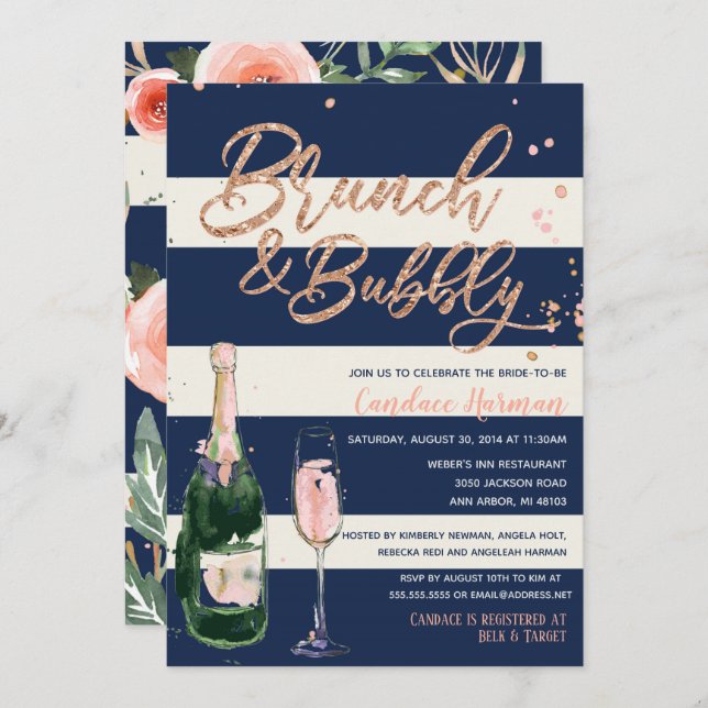 Invitation Brunch & Bubbly Parties scintillant Rose Fête des  (Devant / Derrière)