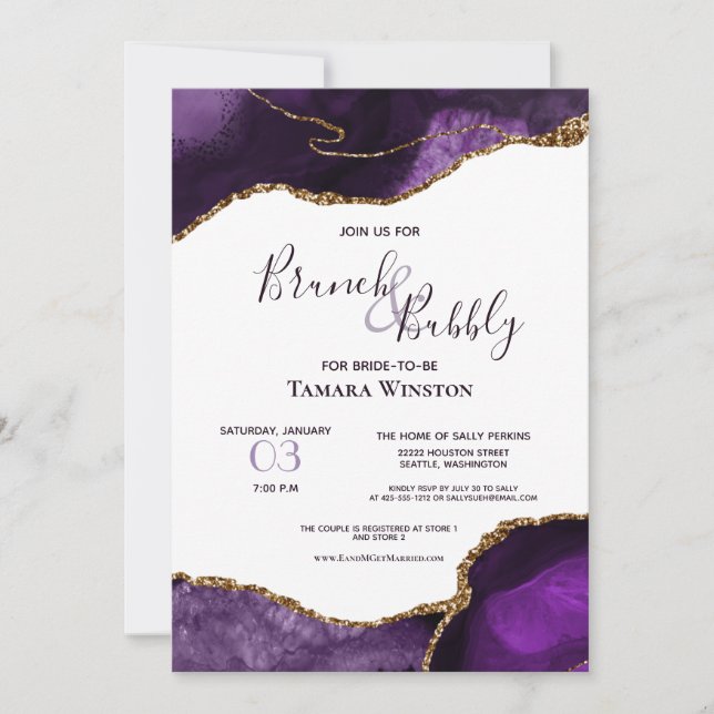 Invitation Brunch Bubbly Purple Gold Parties scintillant Agat (Devant)