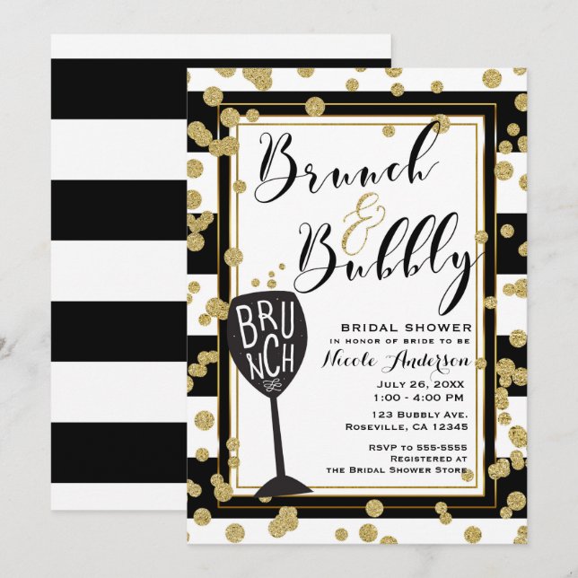 Invitation Brunch & Bubbly rayures noires et blanches Confett (Devant / Derrière)