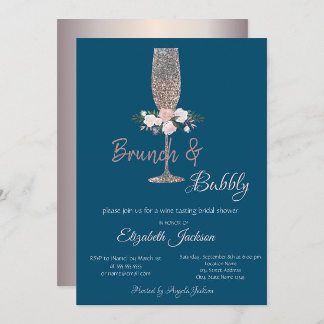 Invitation Brunch & Bubbly Rose Fête des mariées or (Devant / Derrière)