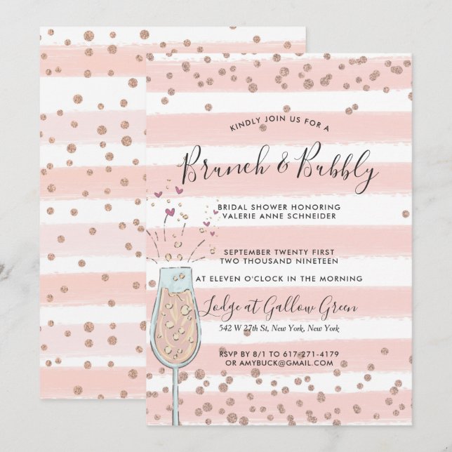 Invitation Brunch & Bubbly Rose Gold Fête des mariées Champag (Devant / Derrière)