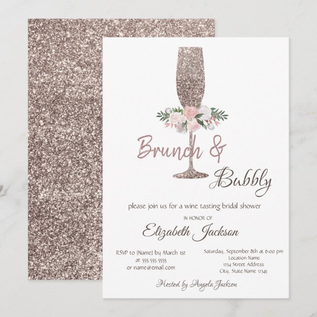 Invitation Brunch & Bubbly Rose Gold Paillettes Réception de  (Devant / Derrière)