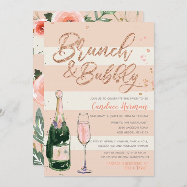 Invitation Brunch & Bubbly Rose Parties scintillant or Fête d (Devant / Derrière)