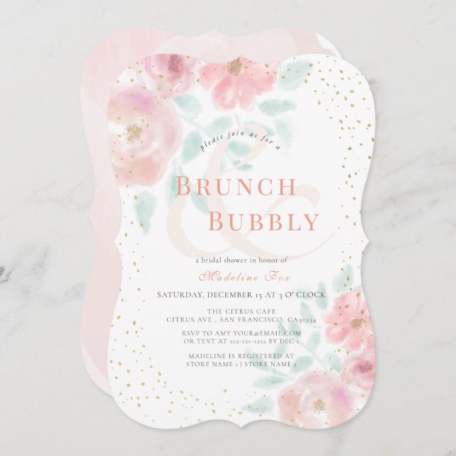 Invitation Brunch & Bubbly Rose rose Fête des mariées (Devant / Derrière)